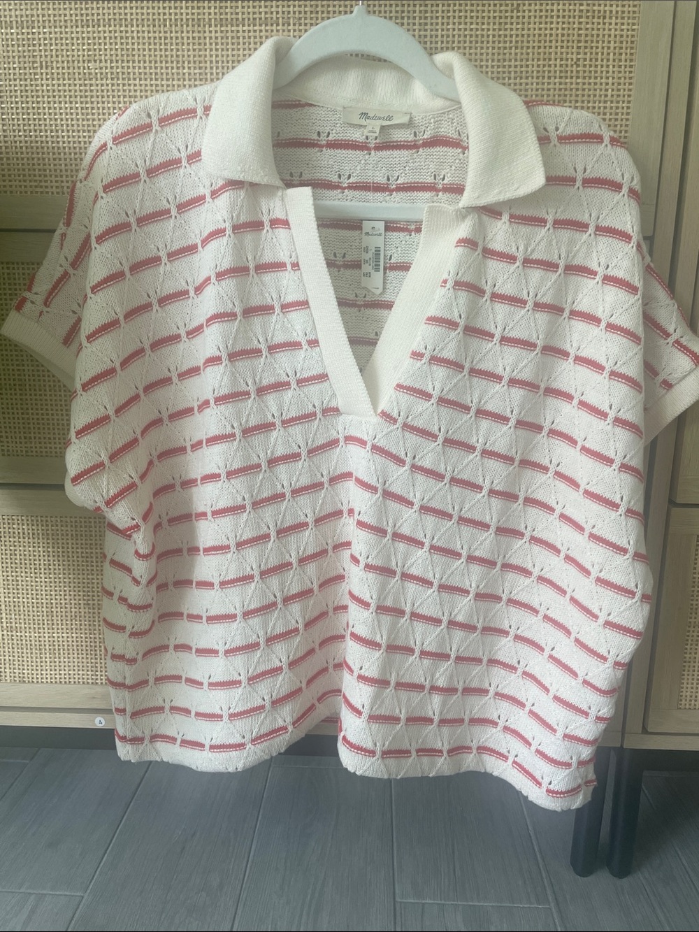 NWT Madewell Diamond Knit Relaxed Polo Shirt with Red Stripe Detail